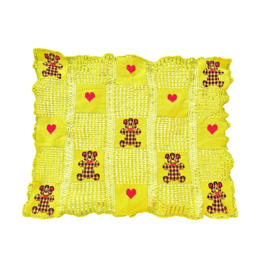 Vintage Handmade Crochet Baby Blanket Yellow With Brown Teddy & Heart Pattern